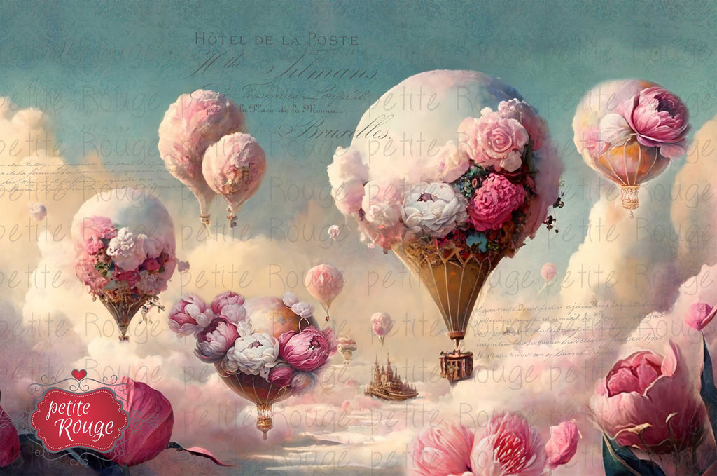 DECOUPAGE PAPIER (600x900mm) Floral Hot Air Balloons PR-PDM054