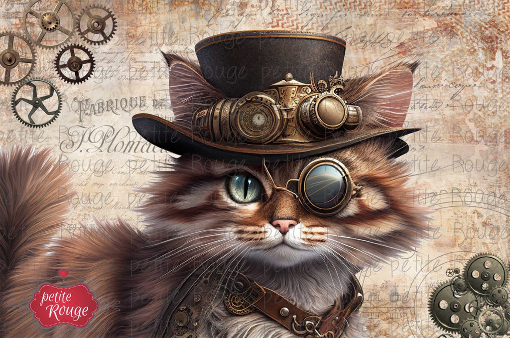 DECOUPAGE PAPIER PR-PDM061 Steampunk Cat with cogs (900x600)