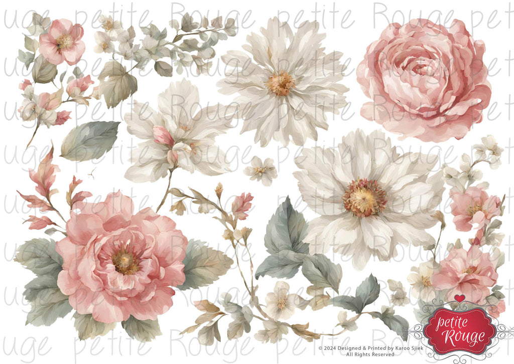 WATERSLIDE TRANSFER A4 - PRWS0048 SINGLE FLORALS 1