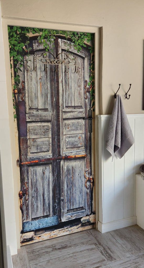 DOOR DECOUPAGE PAPIER - Grey wood double door with vines PR-MDD035