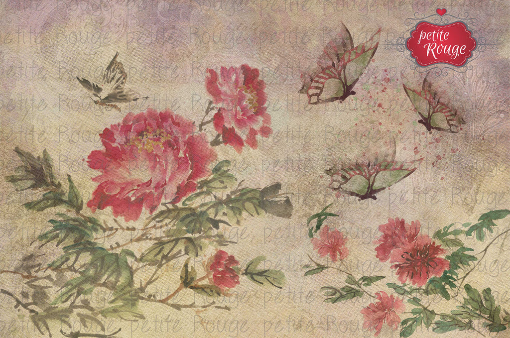 Papier de Meuble - Pink flowers with butterflies (A2)