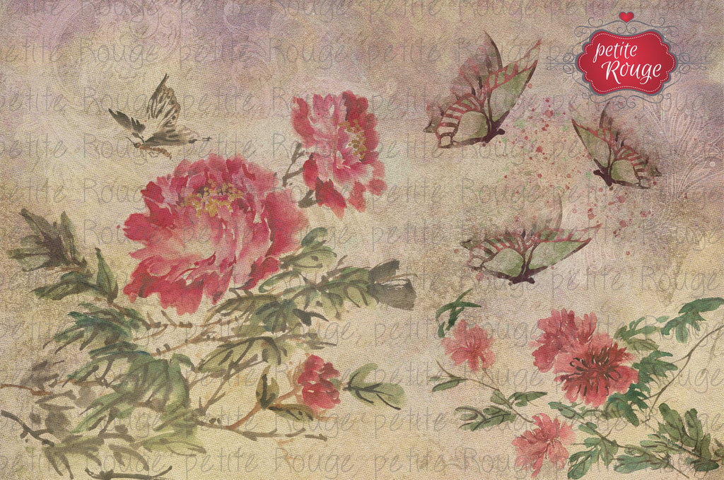 Papier de Meuble - Pink flowers with butterflies (A3)