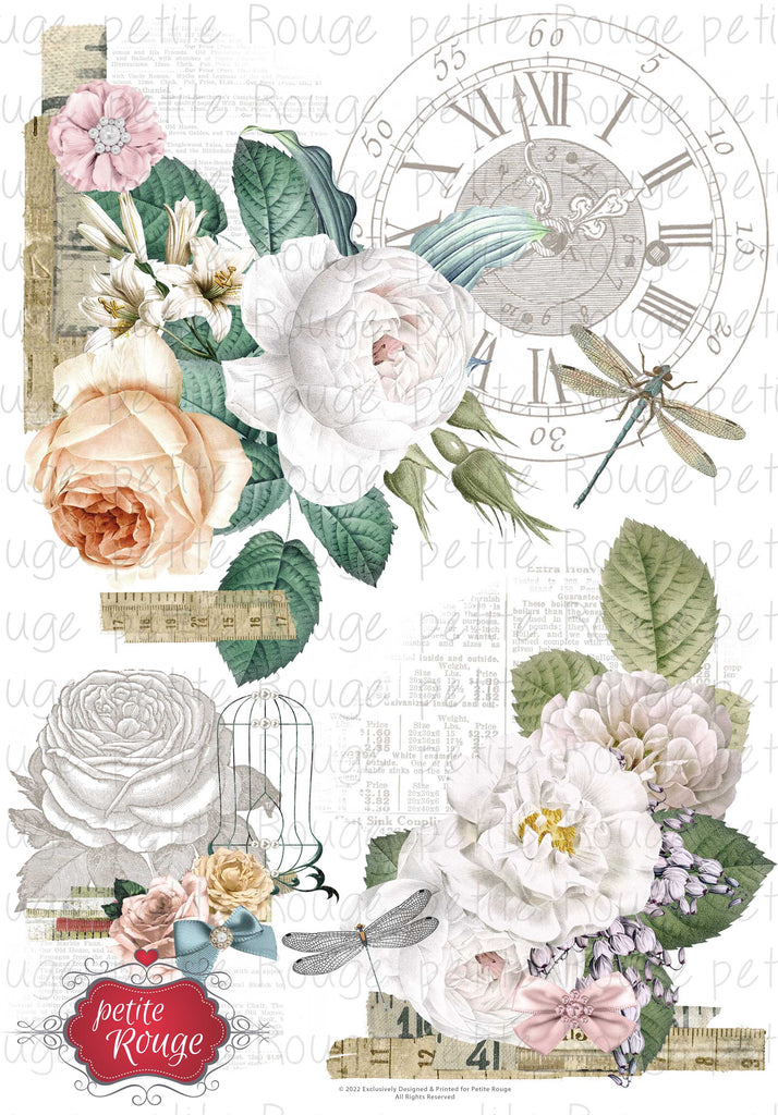 WATERSLIDE TRANSFER A4 - Peach peonie with clock (PR-WS010)