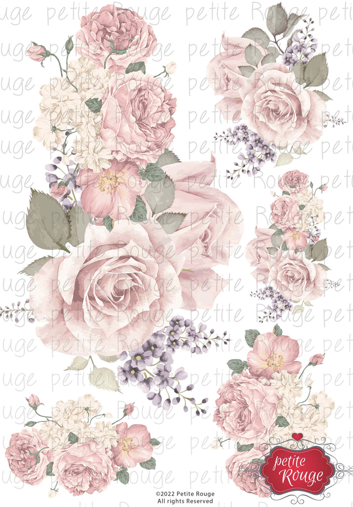 WATERSLIDE TRANSFER A4 - Pastel Pink peonies & roses (PR-WS027)